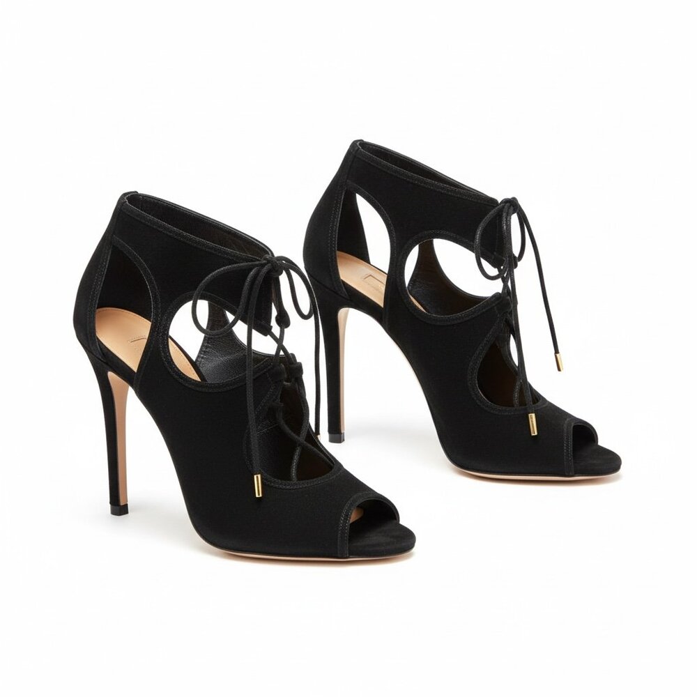 Aquazzura Sexy Thing 105 Black Suede Cut Out Ankle Booties Sandals 37 US 6.5 7